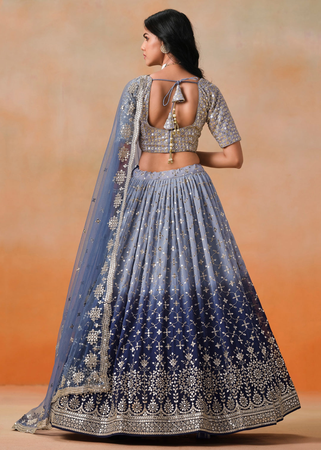 Navy Blue Sequins Zari Embroidered Work Georgette Lehenga
