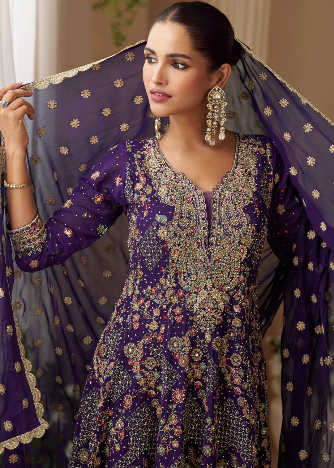 Purple With Gold Embroidery Georgette Palazzo Suit