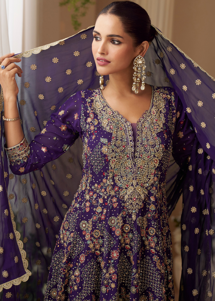 Purple With Gold Embroidery Georgette Palazzo Suit