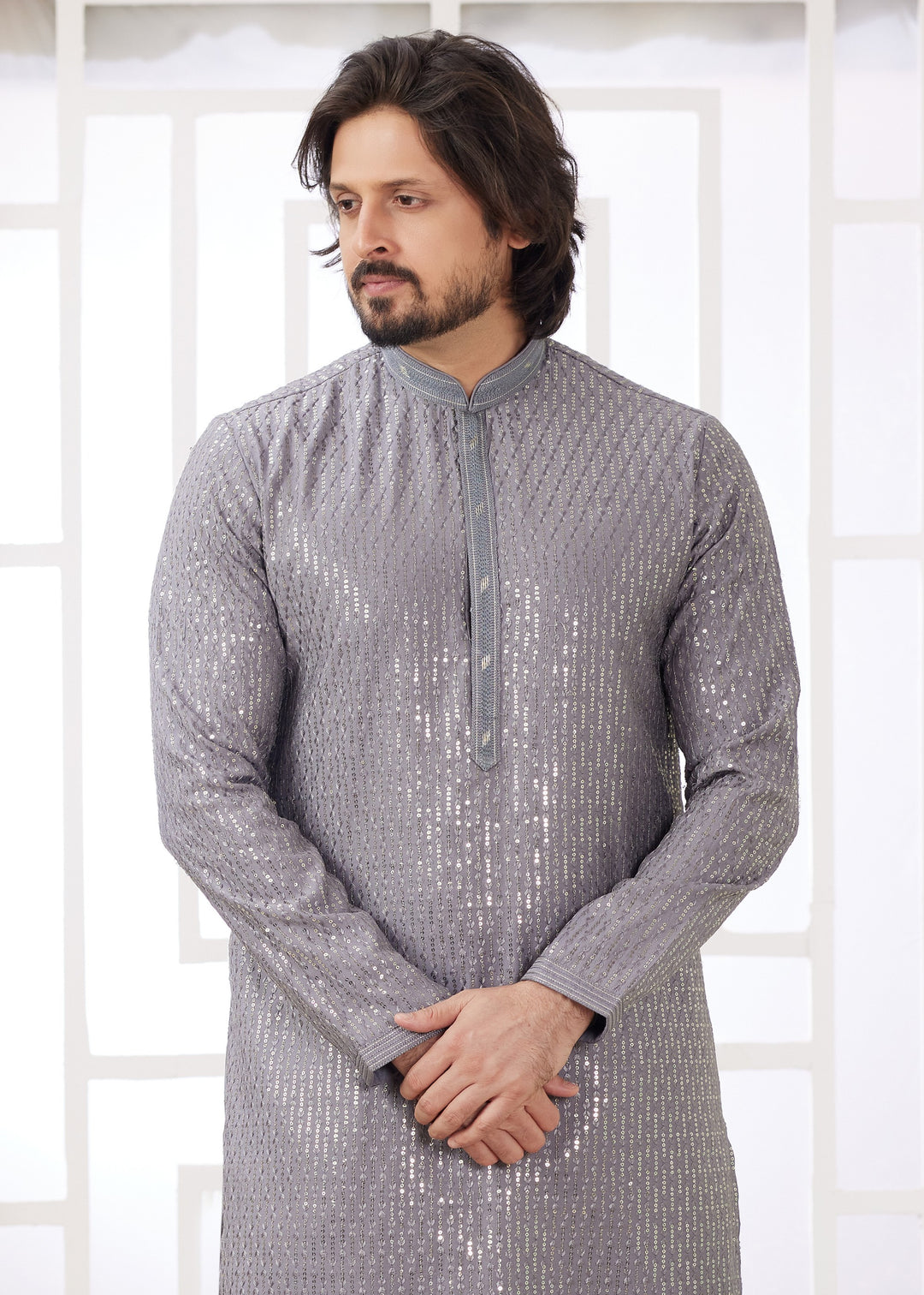Flint Grey Silk Mens Kurta Set With Thread Embroidery Work