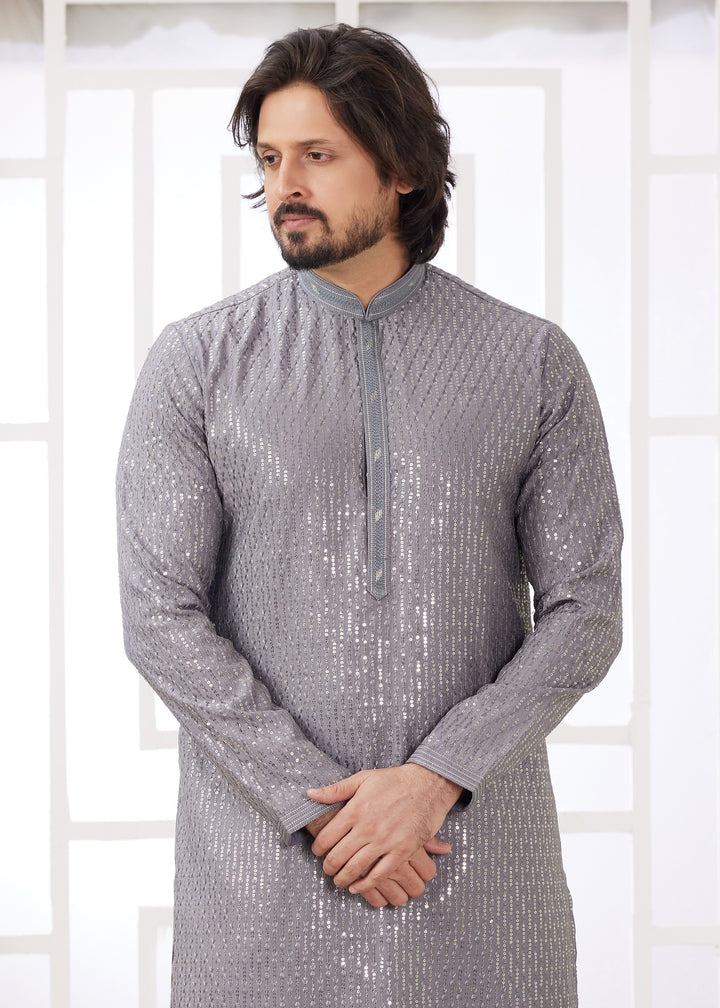 Flint Grey Silk Mens Kurta Set With Thread Embroidery Work