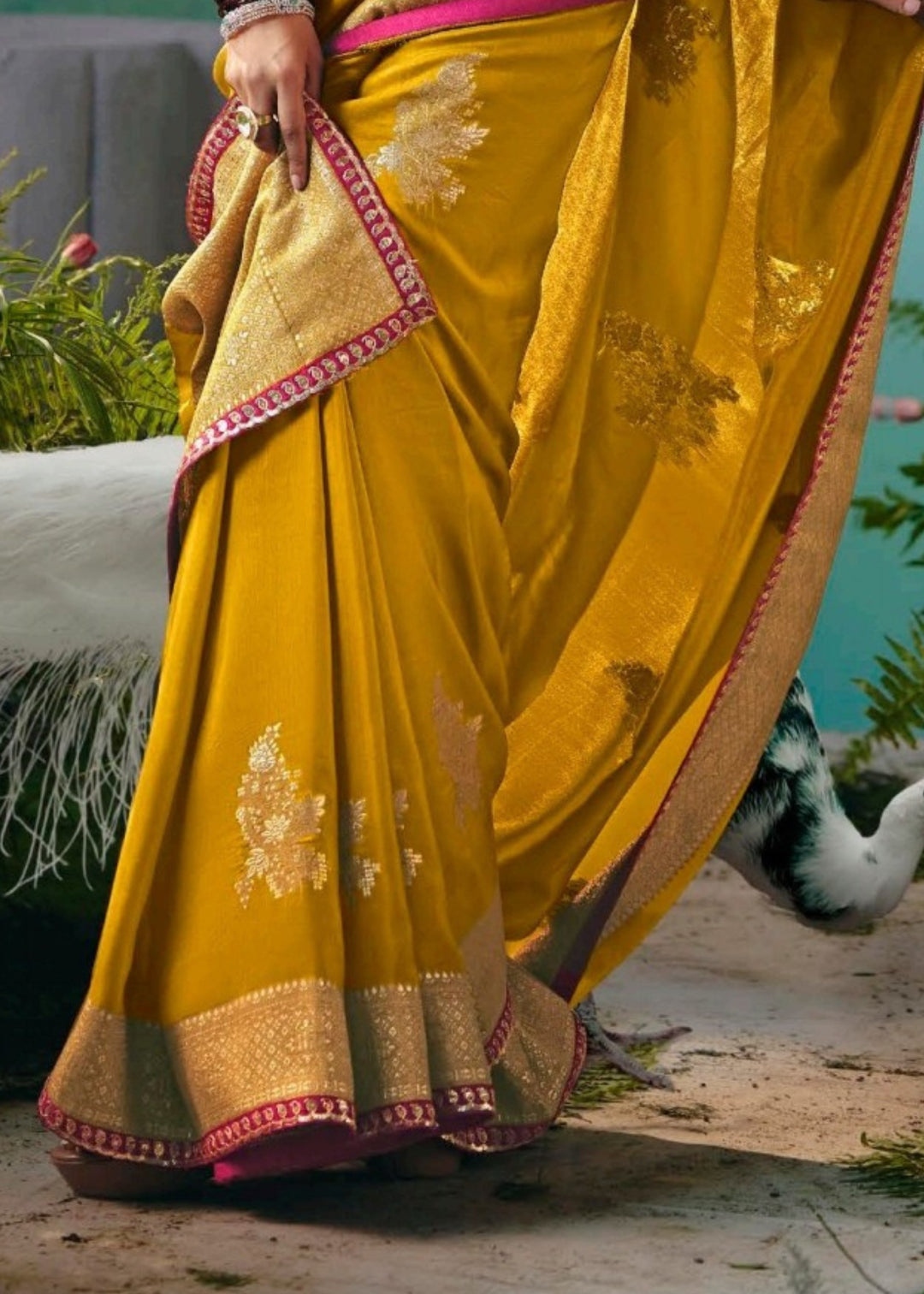 Mustard Yellow Pure Viscose Dola Silk Saree with Zari Weaving & Embroidered Blouse