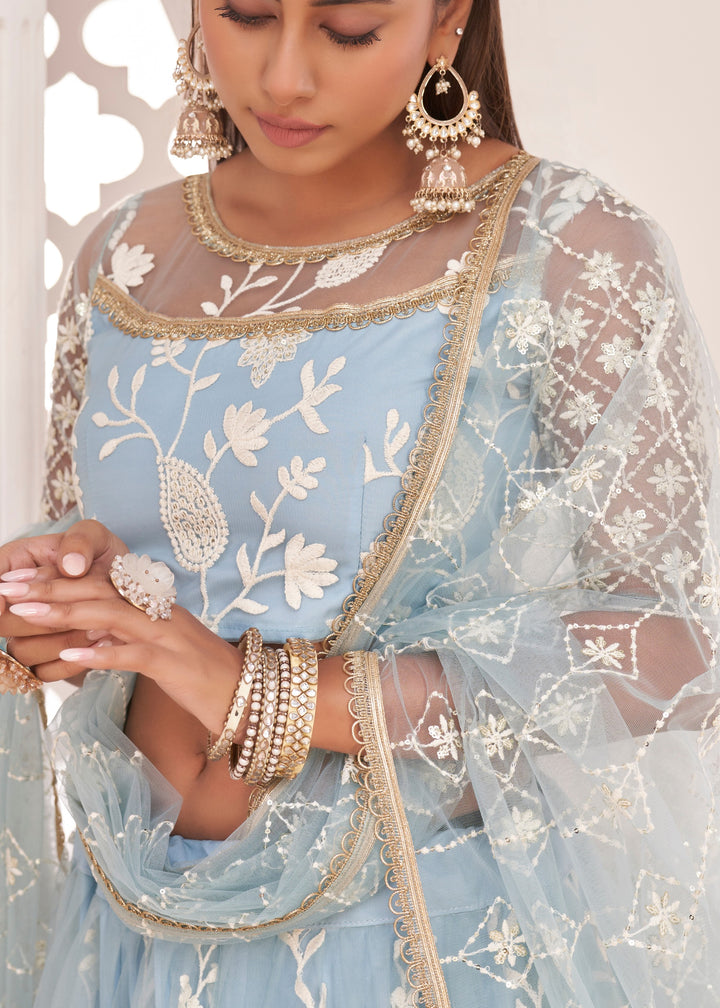 Sky Blue Designer Soft Net Lehenga With Cotton Thread And Sequins Embroidery Work