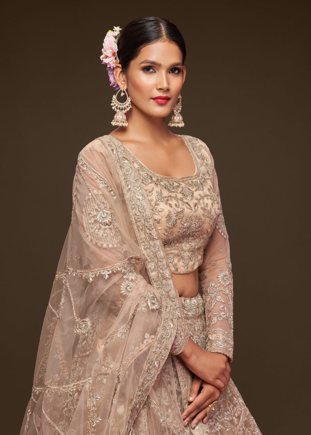 Royal Beige Soft Net Lehenga with Thread, Zari, Badla and Glitter Dori Embroidery Work