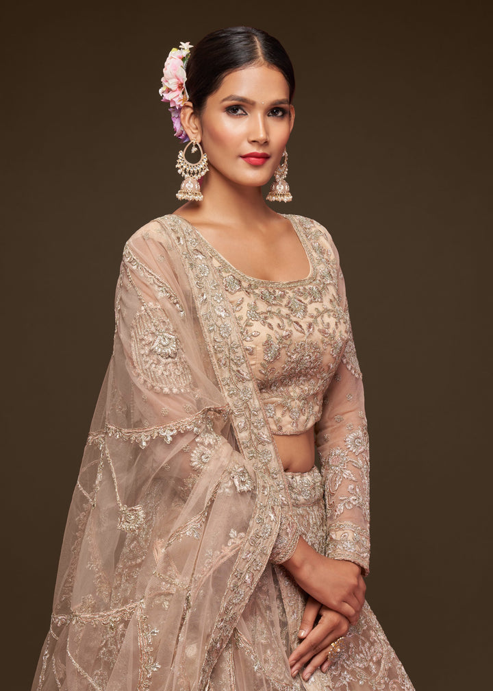 Royal Beige Soft Net Lehenga with Thread, Zari, Badla and Glitter Dori Embroidery Work