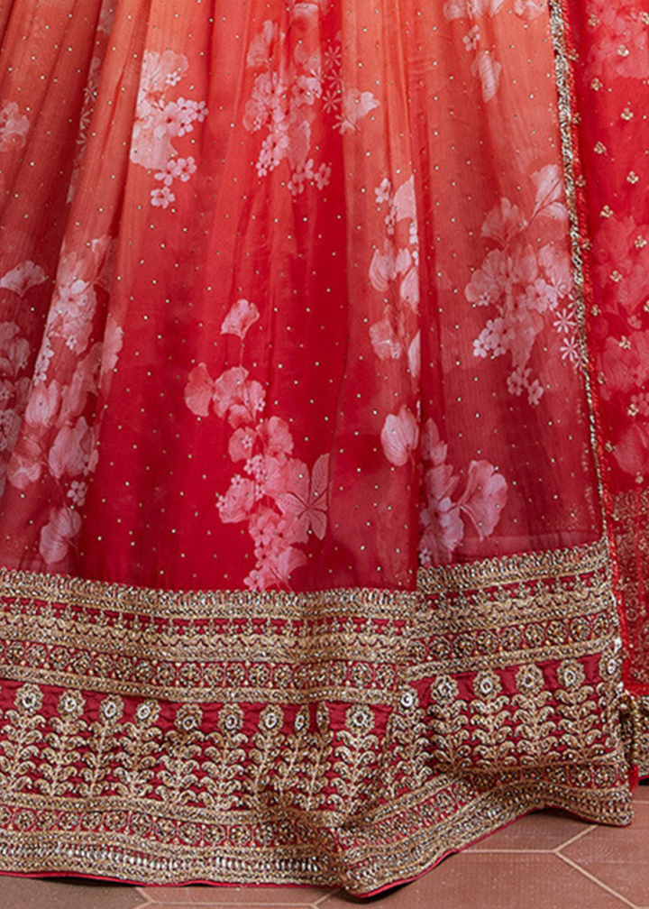 Shades Of Red Floral Printed Organza Silk Lehenga Choli with Swarovski & Mirror work