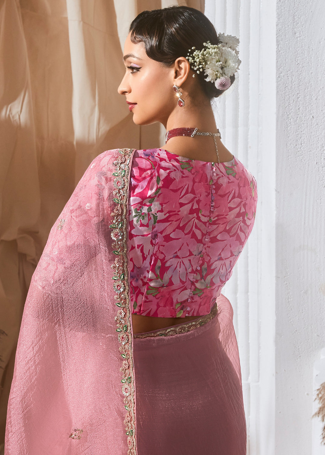 Light Pink Fancy Silk Saree With Printed Blouse