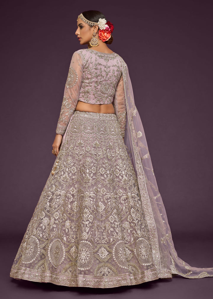 Orchid Soft Net Lehenga with Thread, Zari, Badla and Glitter Dori Embroidery Work