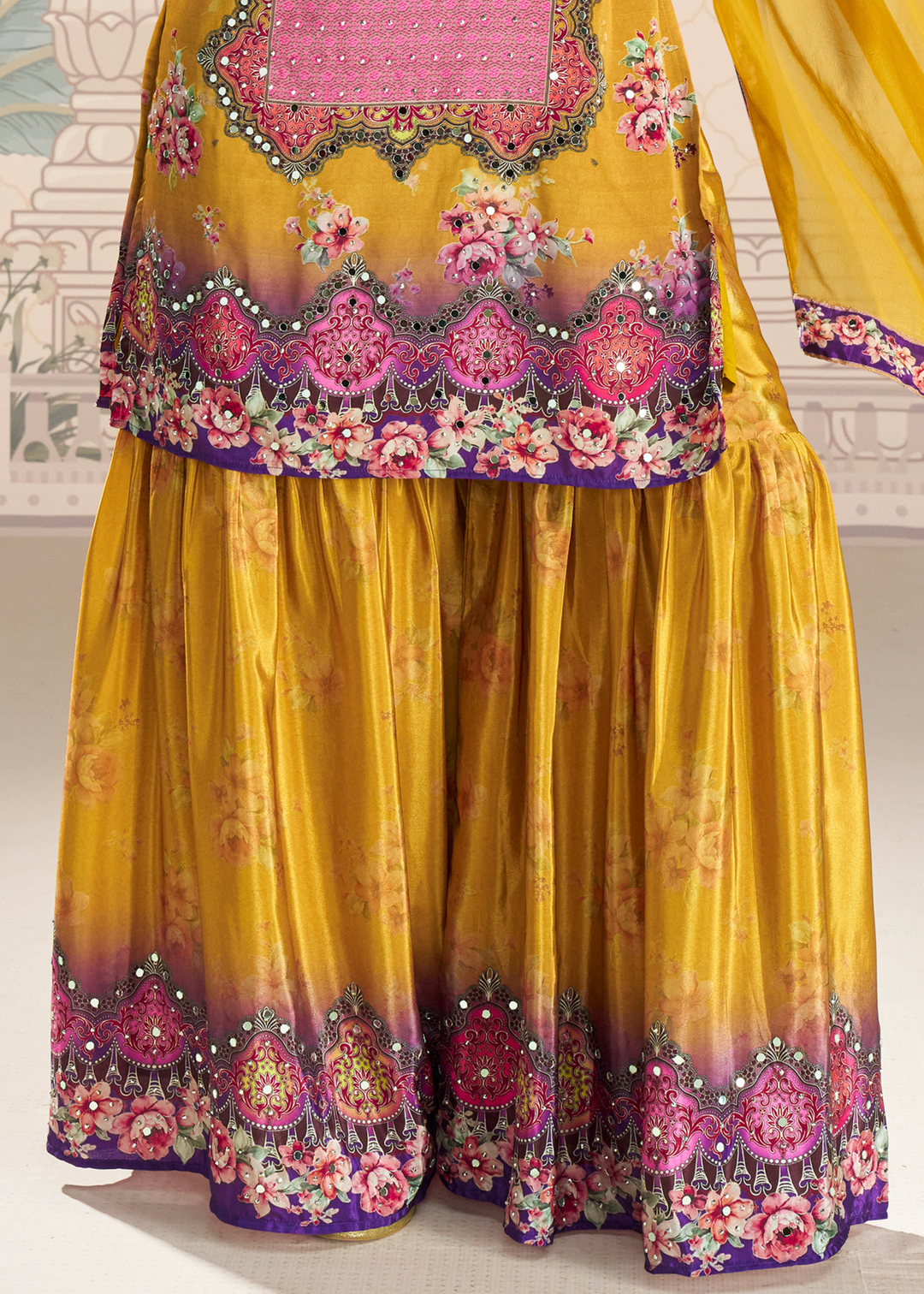 Mustard Yellow Crep Silk Sharara Suit