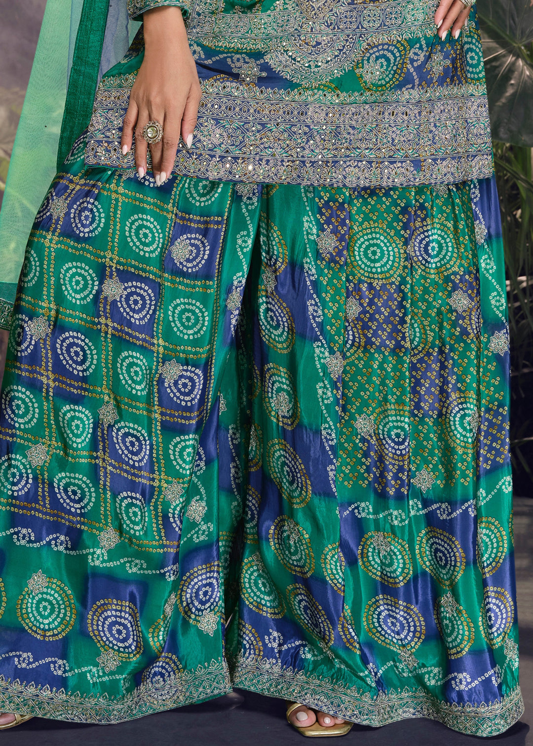 Peacock Blue Chinnon Silk Plazo Suit With Mirror & Thread Embroidered Work