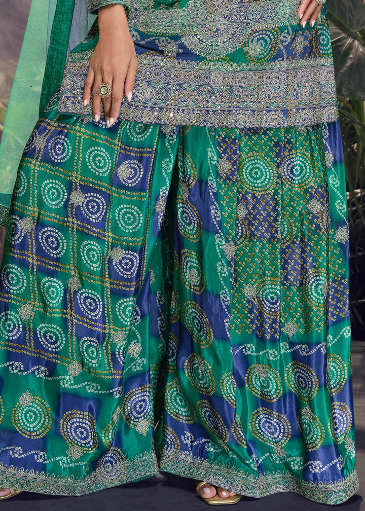 Peacock Blue Chinnon Silk Plazo Suit With Mirror & Thread Embroidered Work