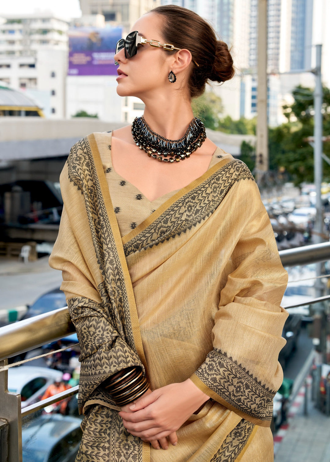 Golden Brown Linen Tissue Silk Saree