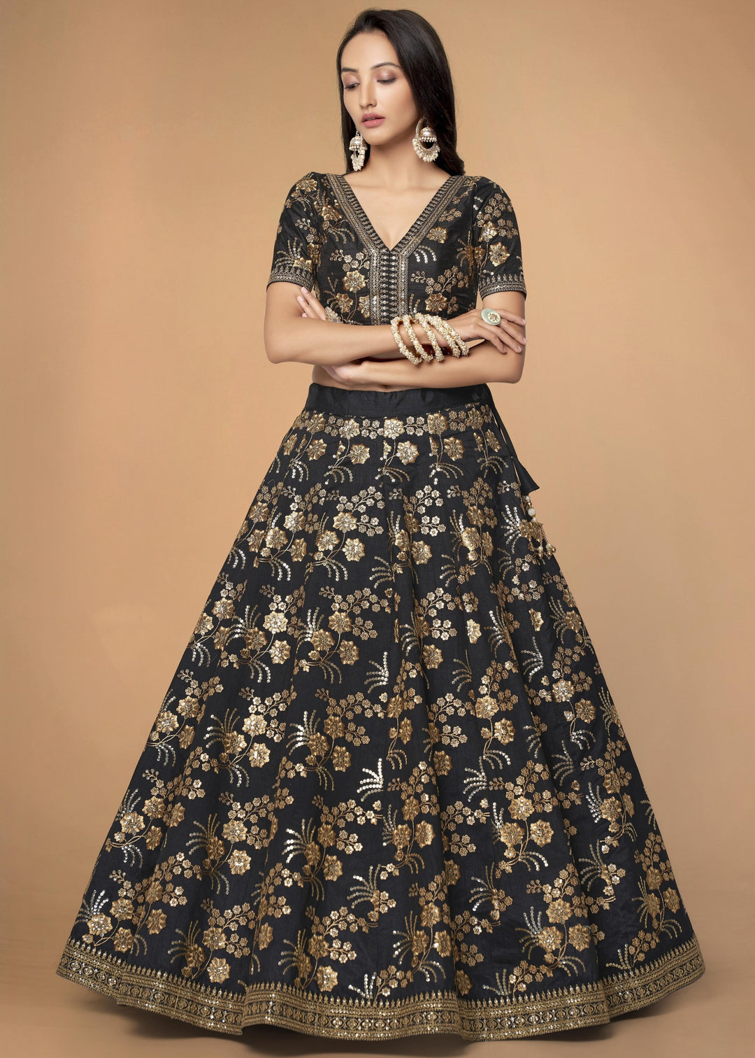Black Slub Silk Lehenga with Zari Sequins and Dori Embroidery Work