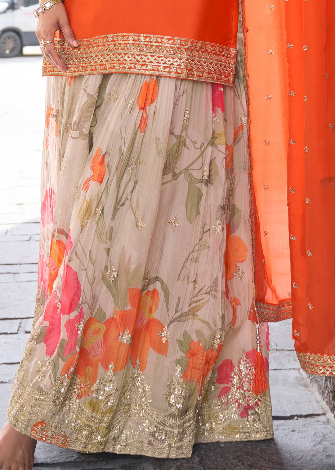 Hot Orange Chinon SIlk Palazzo Suit With Embroidered Work : Top Pick
