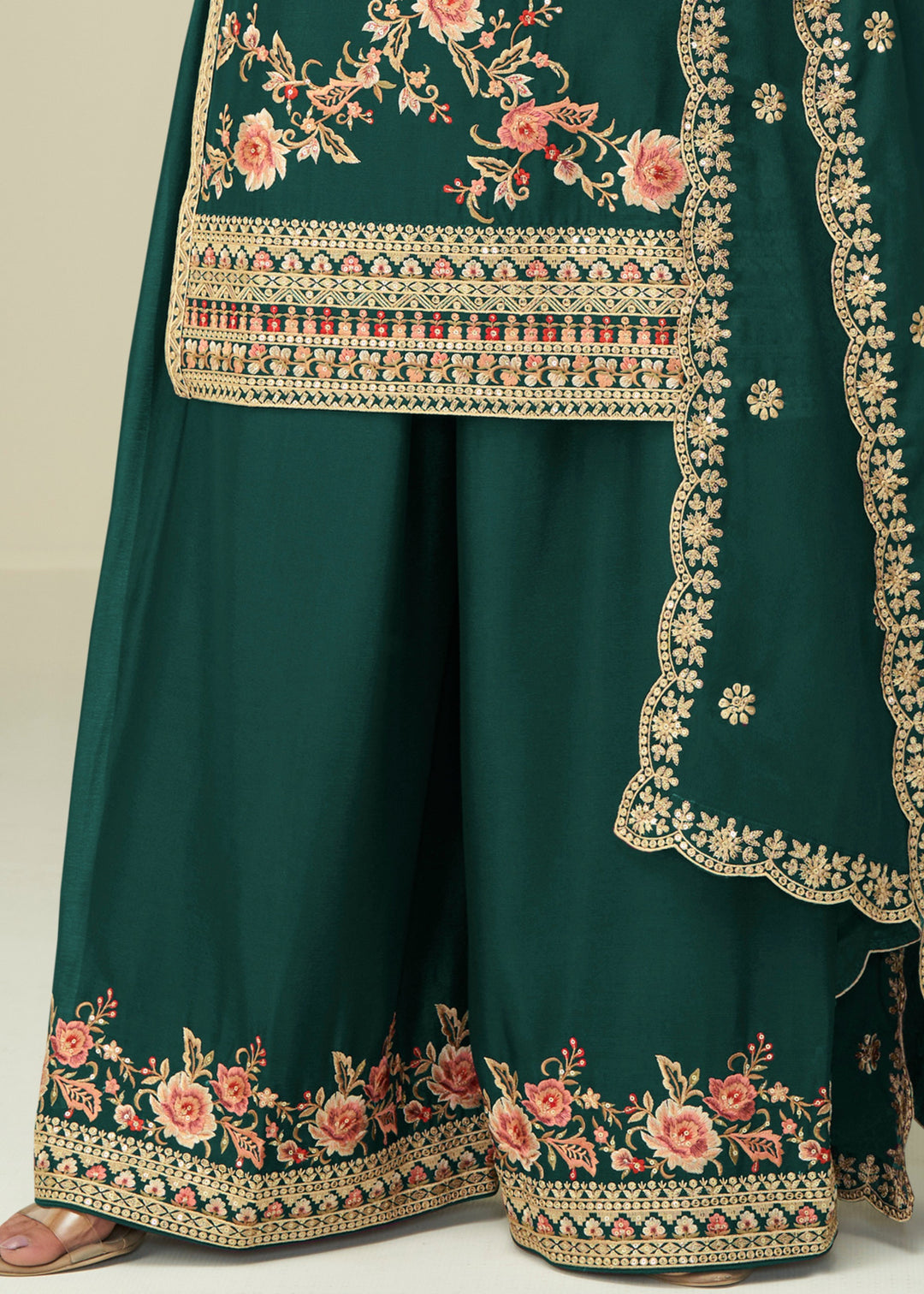 Hunter Green Chinon SIlk Plazo Suit With Embroidered Work
