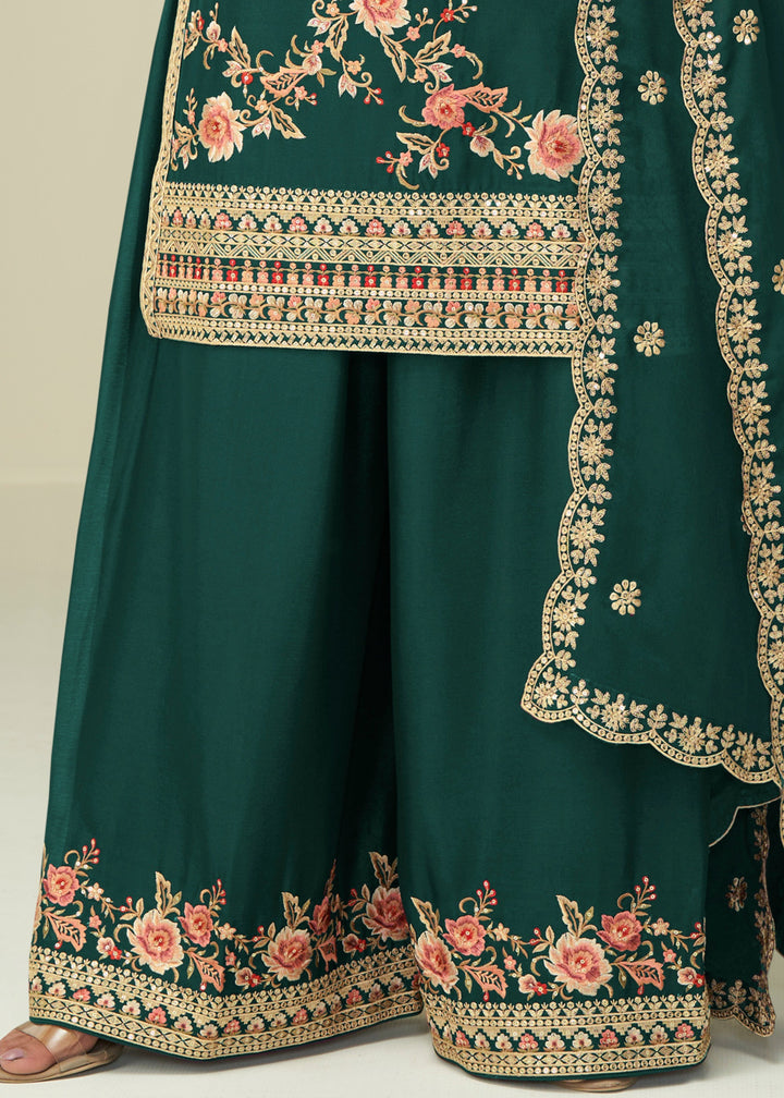 Hunter Green Chinon SIlk Plazo Suit With Embroidered Work