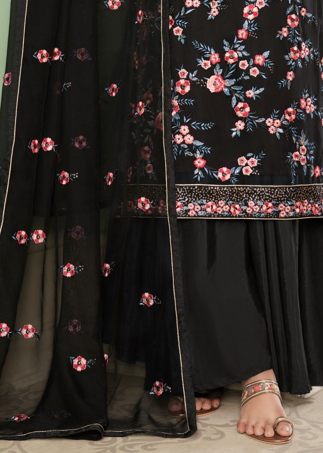 Pitch Black Georgette Salwar Suit with Multi Colour Thread Embroidery & Sequence work