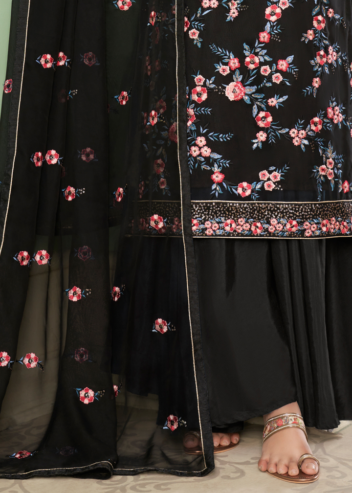 Pitch Black Georgette Salwar Suit with Multi Colour Thread Embroidery & Sequence work