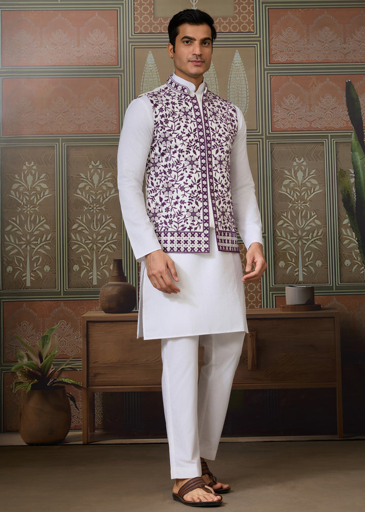 White Kurta And Pant With A Deep Plum And White Embroidered Nehru Jacket