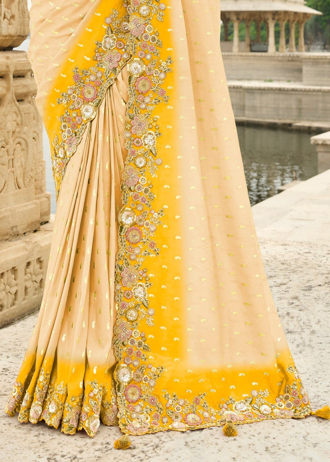 Light Yellow Silk Saree With Embroidery Cut and Butti Work