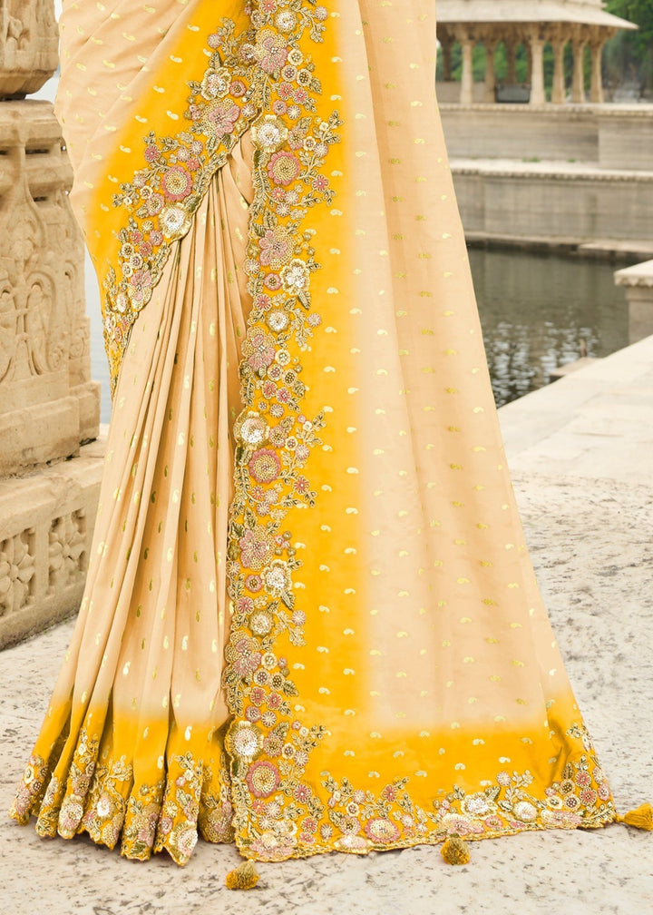 Light Yellow Silk Saree With Embroidery Cut and Butti Work