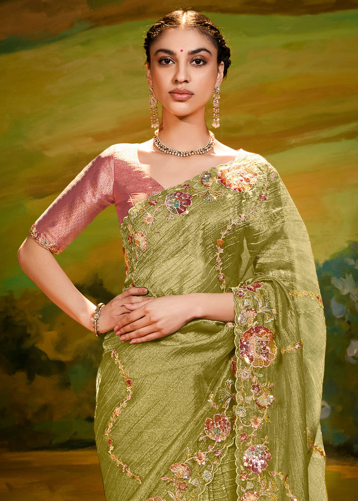 Pear Green Saree With Embroidery And Handwork Designer Cut Border