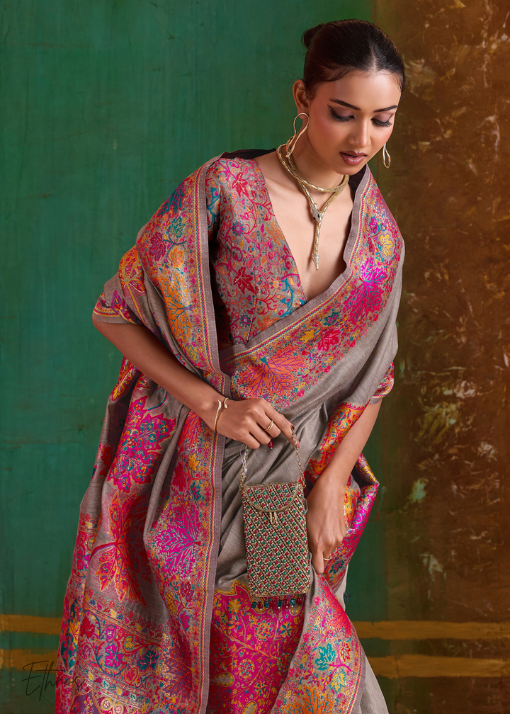 Mushroom Grey with Multicolour Floral Weave Saree