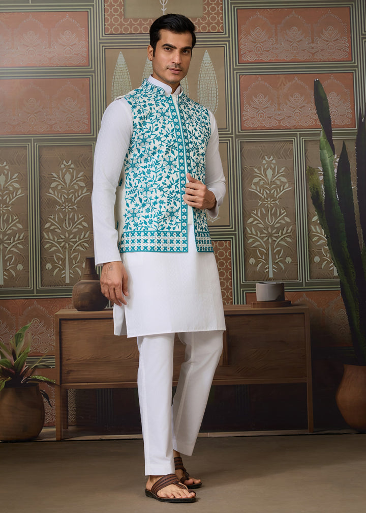 White Kurta And Pant With Powdered Blue Embroidered Nehru Jacket