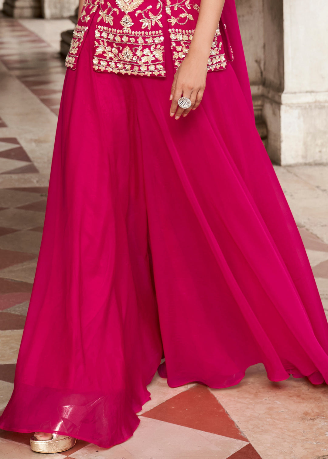 Fluorescent Pink Organza Silk Palazzo Suit With Designer Dupatta