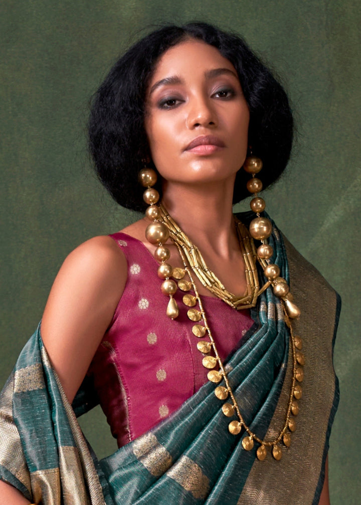 Persian Blue Paithani Tissue Silk Saree With Zari Work