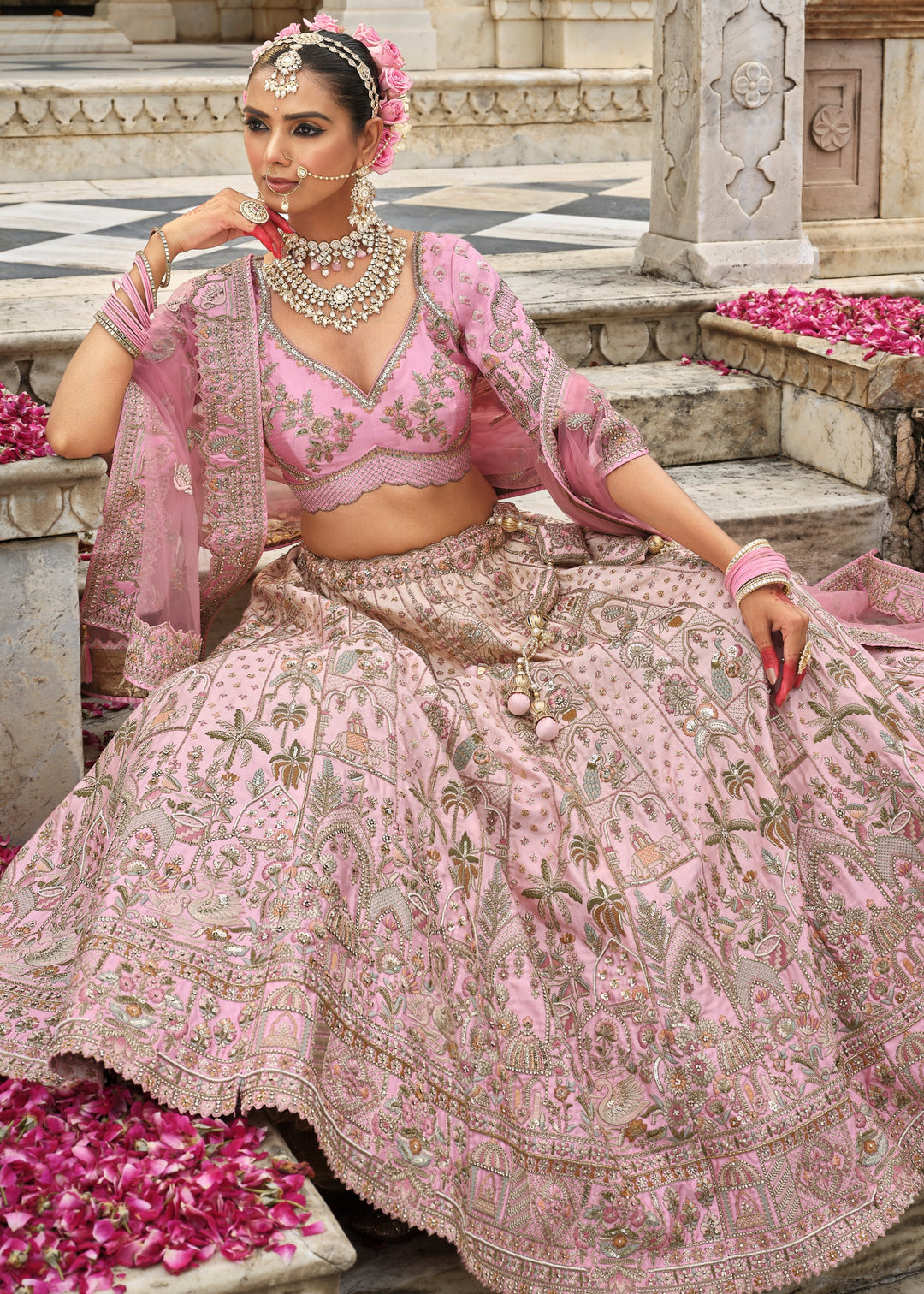 Pastel Pink Heavy Bridal Silk Lehenga With Khatli And Embroidery Work