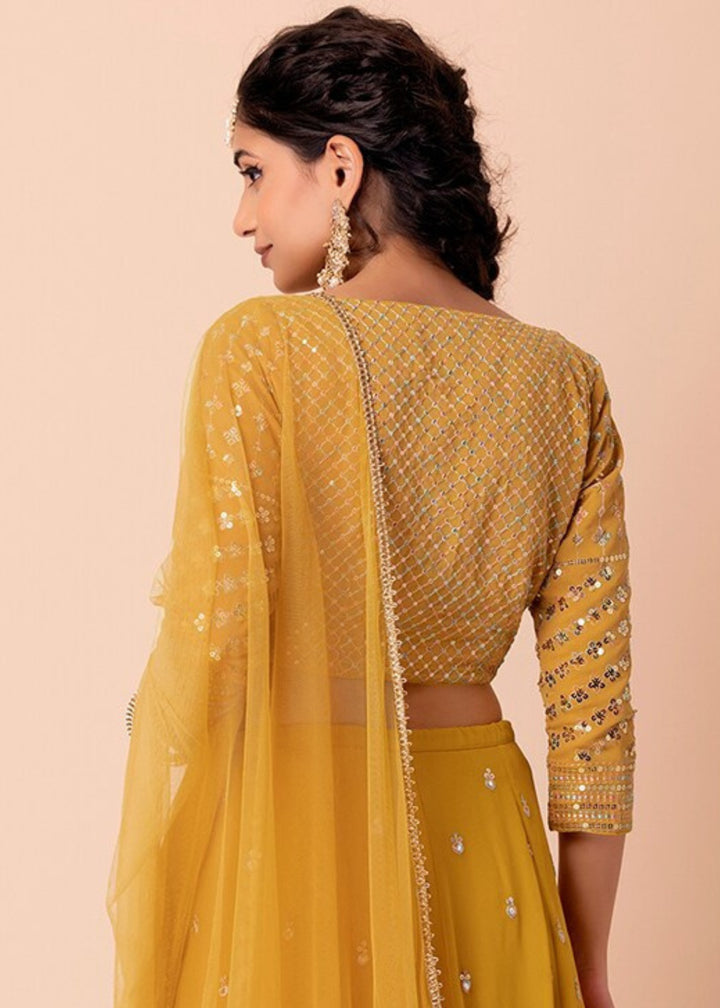 Mustard Yellow Georgette Lehenga Choli With Sequins Zari Embroidered Work