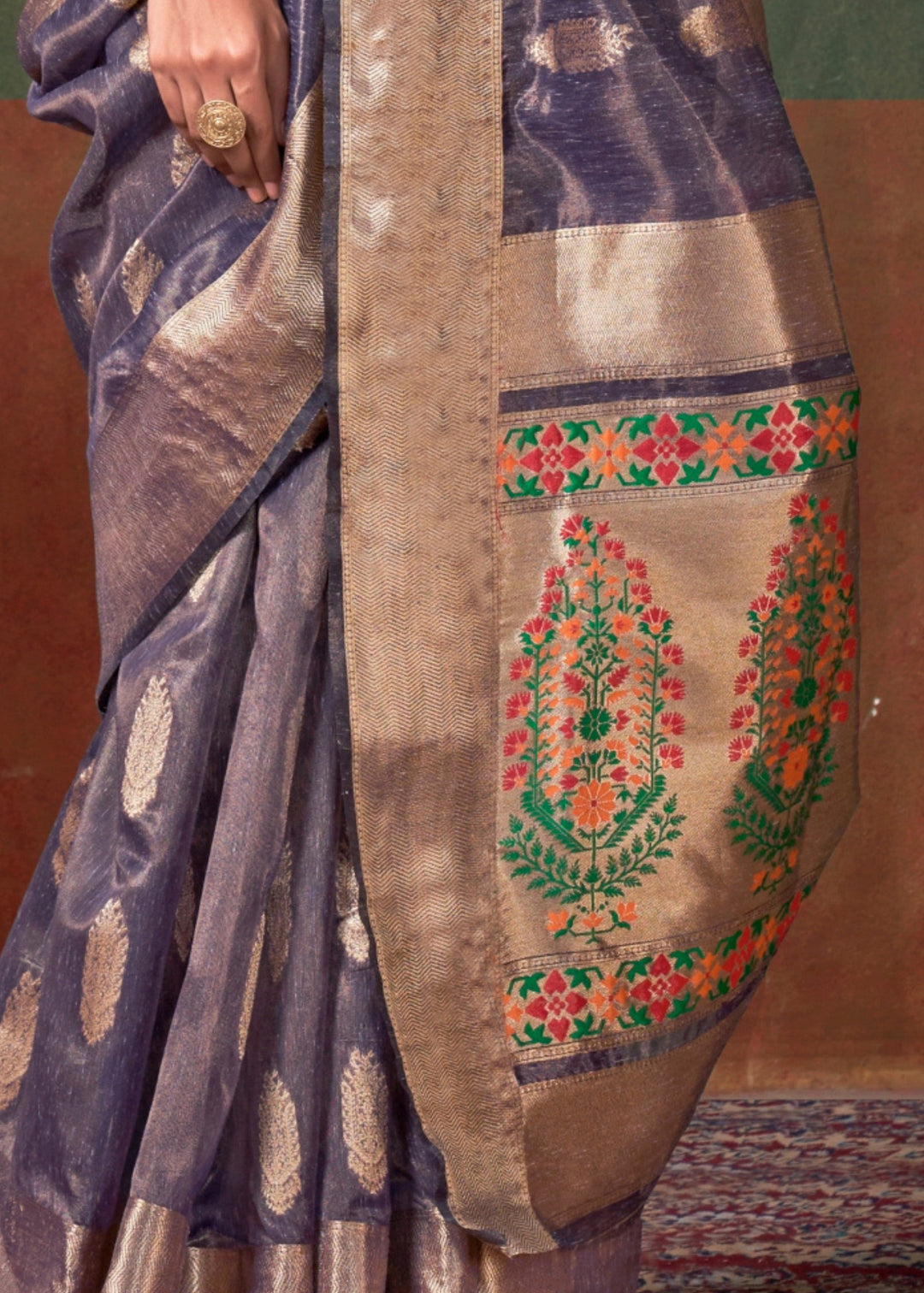 Purpleish Paithani Tissue Silk Saree With Zari Work