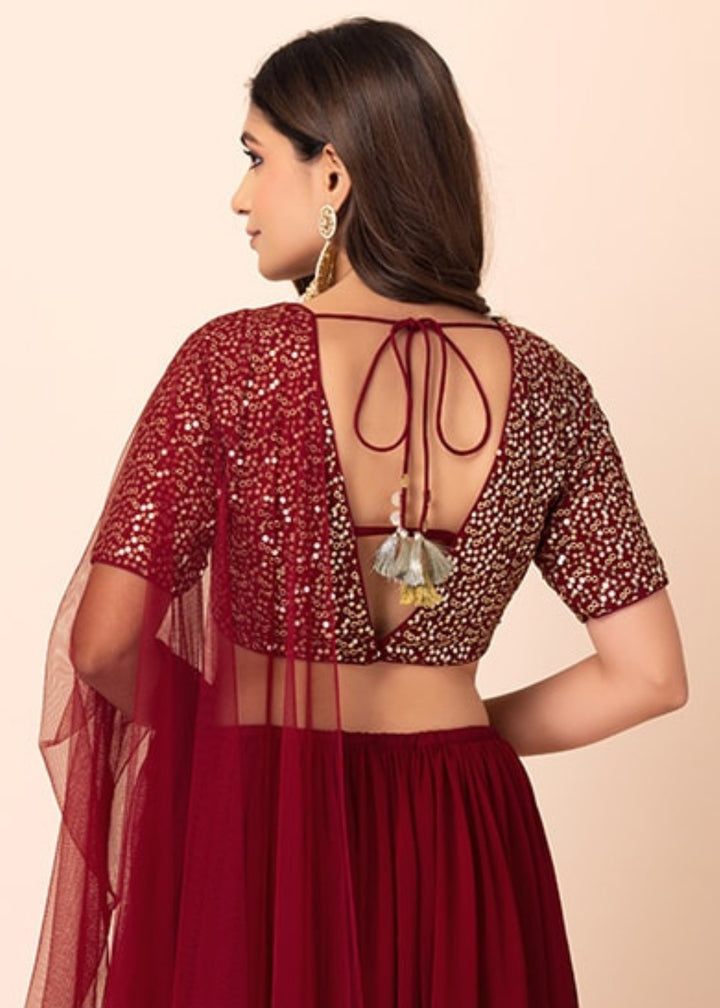 Garnet Red Georgette Lehenga Choli With Sequins And Thread Embroidery Work