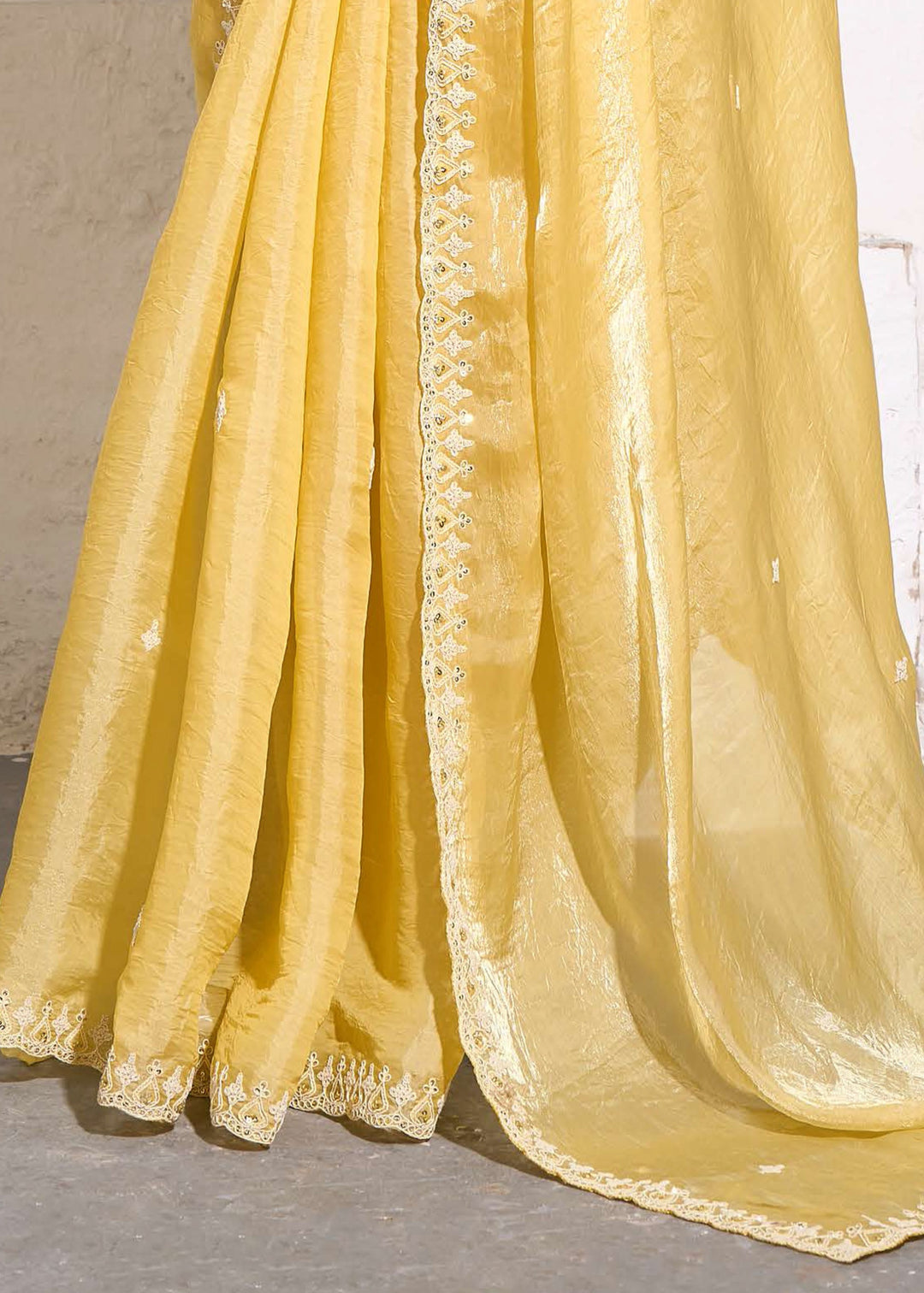 Canary Yellow Gold Crush Tissue Silk Saree : Top Pick