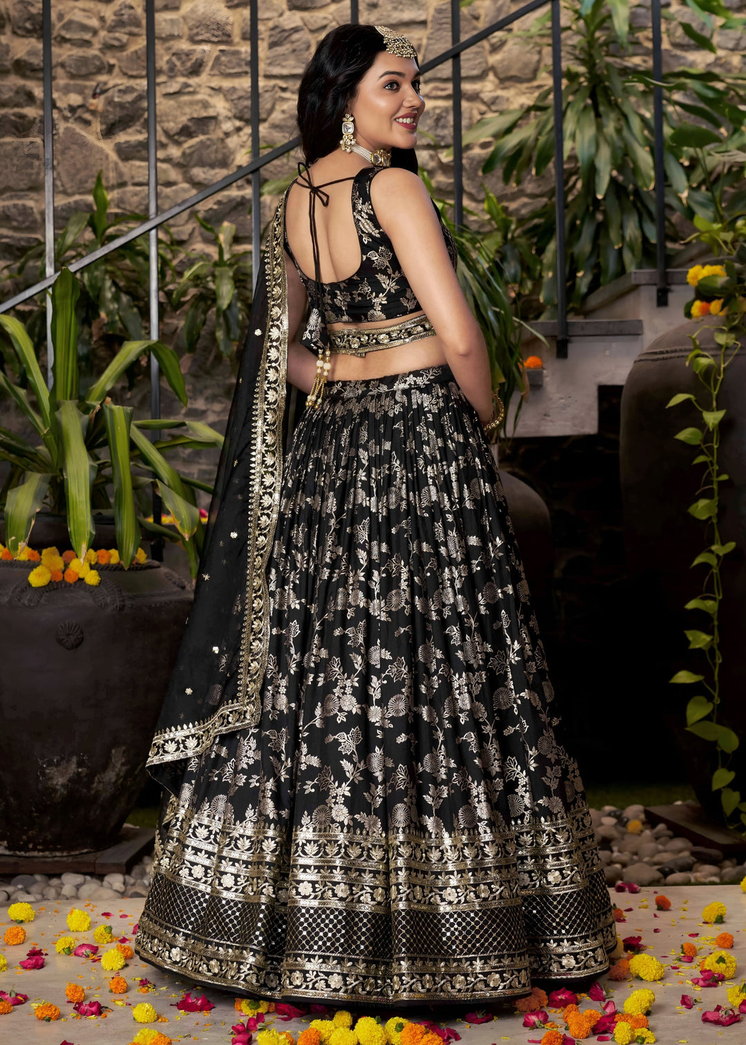 Black Sequins and Zari Embroidery Work Silk Lehenga