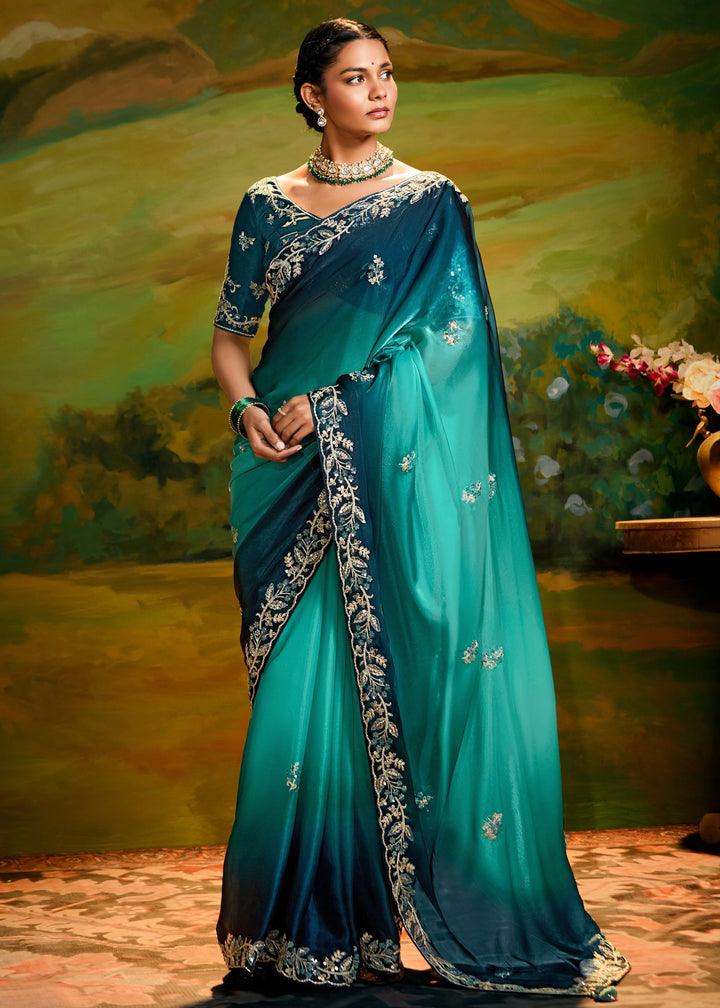 Peacock Blue Saree With Embroidery And Handwork Designer Cut Border