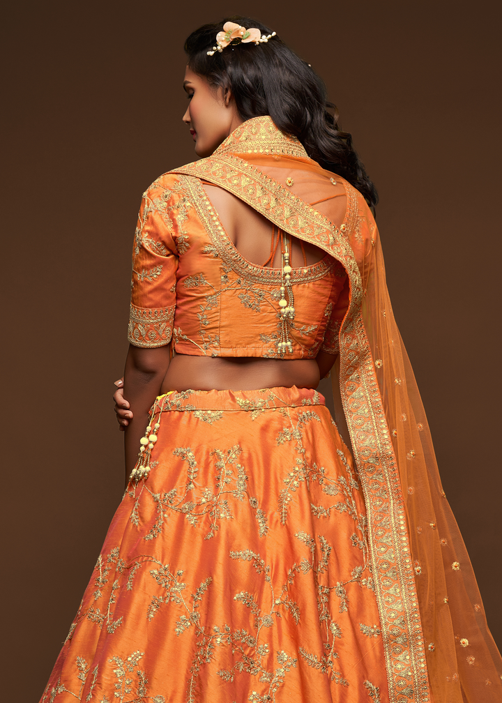 Pumpkin Orange Silk Lehenga Choli with Thread,Zari,Dori & Sequins work