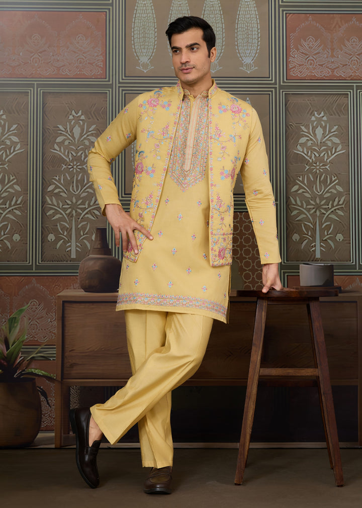 Mustard Yellow Mens Wear Koti Style with Silk Kurta and Pajama