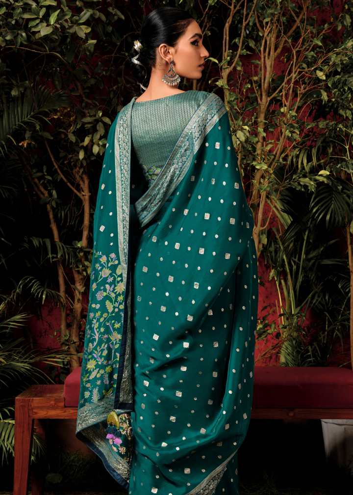 Dark Cyan Green Zari Woven Dola Silk Saree with Designer Pallu