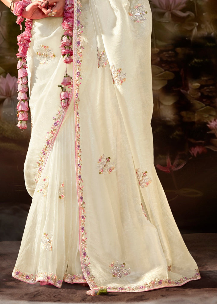 Pink And White Saree With Embroidery And Handwork Designer Cut Border