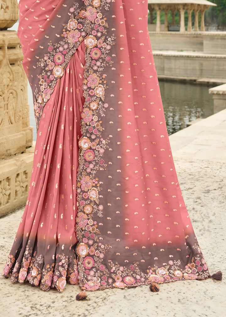 Salmon Pink Silk Saree With Embroidery Cut and Butti Work