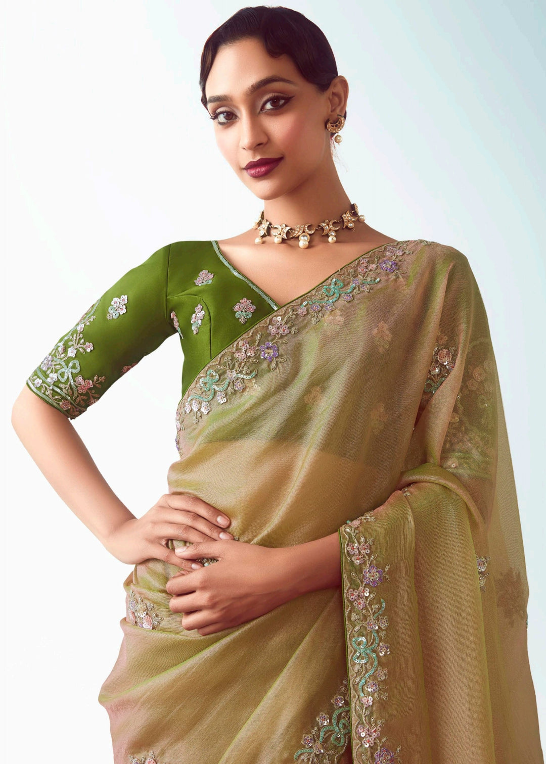 Golden Fancy Fabric Silk Saree With Hand Embroidered Work And Cut Work Border