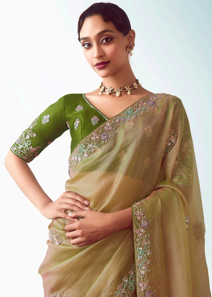 Golden Fancy Fabric Silk Saree With Hand Embroidered Work And Cut Work Border