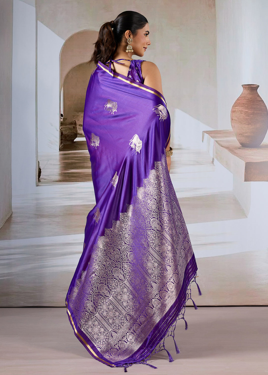 Purple Pure Satin Handloom Weaving Saree