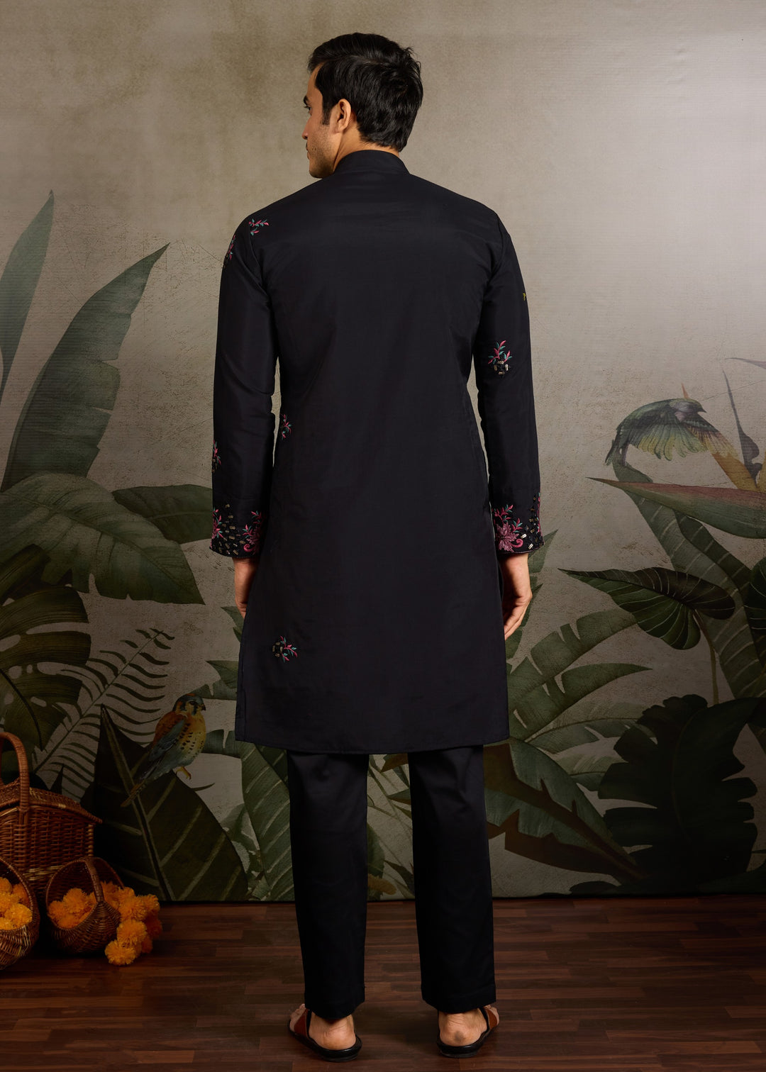 Deep Black Mens Wear Silk Kurta with Pant