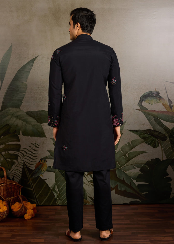 Deep Black Mens Wear Silk Kurta with Pant