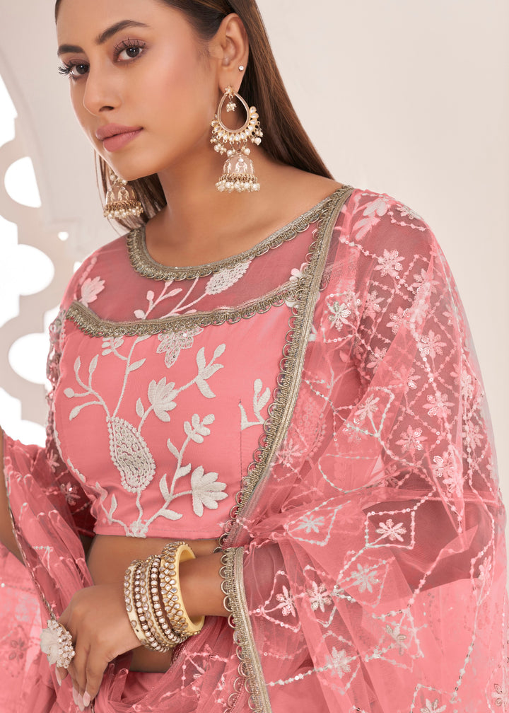 Salmon Pink Designer Soft Net Lehenga With Cotton Thread And Sequins Embroidery Work