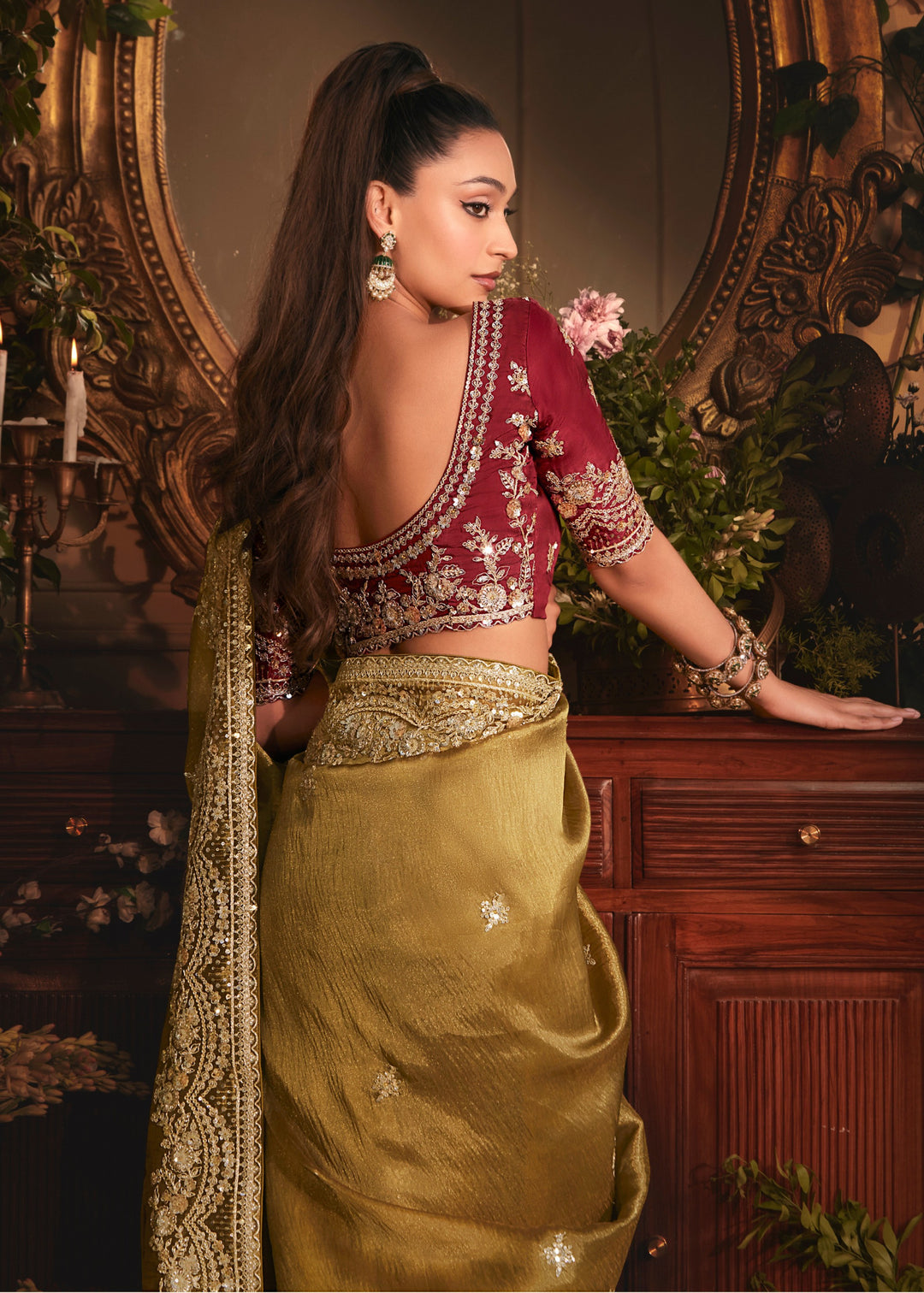 Olive Green Tissue Organza Saree With Heavy Embroidery