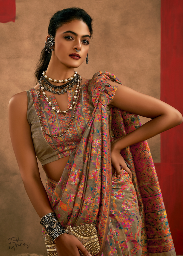 Olive-Taupe with Multicolour Kashmiri Floral Weaving Saree